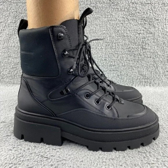 ZARA CHUNKY Ankle Womens‎ 9 Boots Black Combat Shoes Lace Up Platform Wedge - Picture 2 of 16